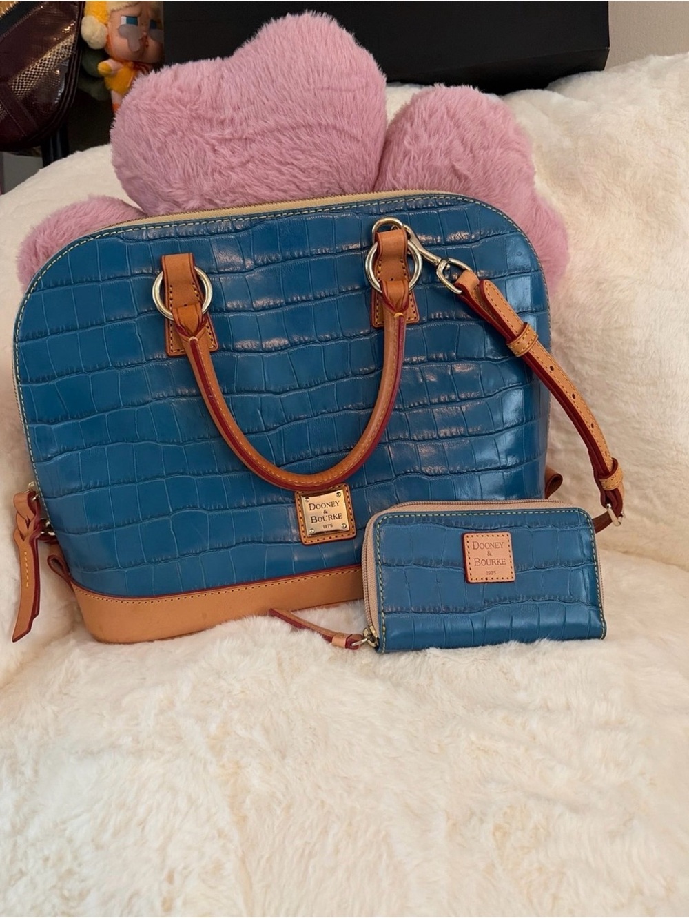 Dooney & Bourke Blue Croc-Embossed Leather Satchel with Tan Trim